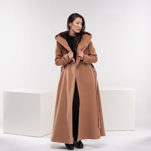 Abrigo largo de princesa, abrigo de invierno para mujer, abrigo de lana camel con capucha, abrigo cálido y suelto, ropa de talla grande imagen 5