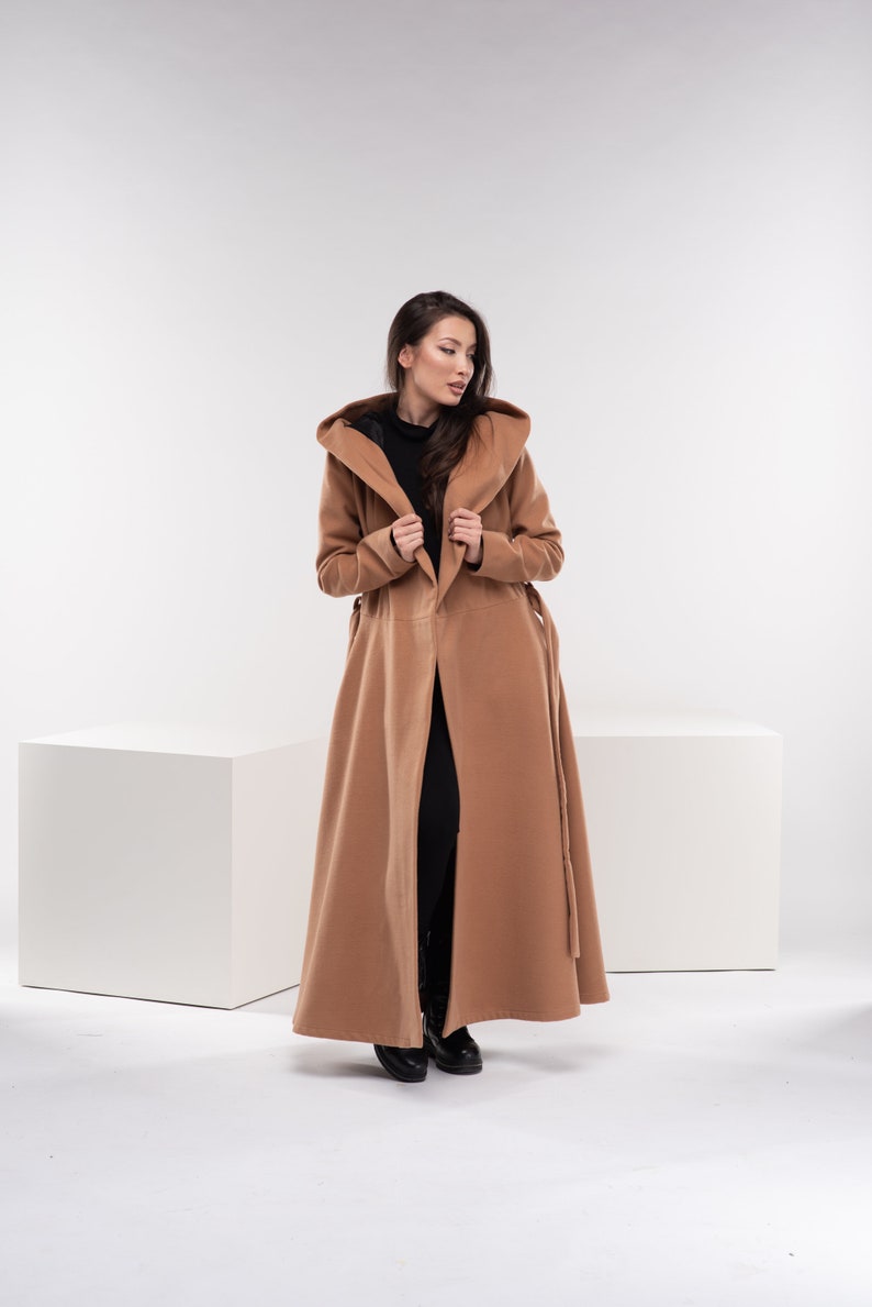 Manteau long princesse, Manteau d'hiver pour femme, Manteau à capuche en laine camel, Manteau évasé chaud, Vêtements grande taille image 5