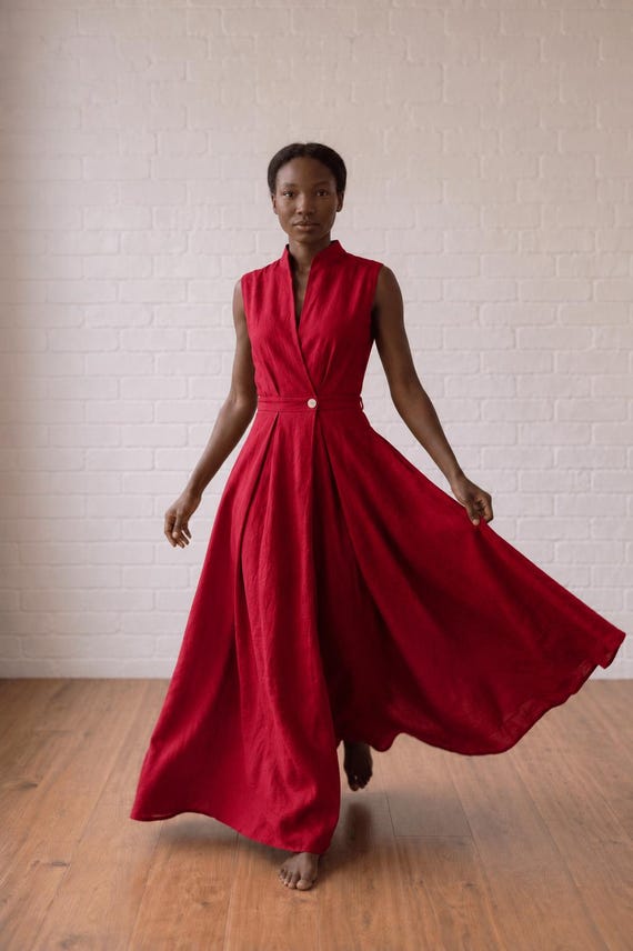 japanese style long dress Linen Maxi Kimono Dress, High Neck Flax Summer Maxi suiting