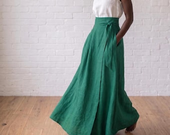 Falda larga cruzada de lino verde esmeralda, falda maxi de lino talla grande