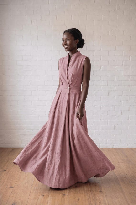 Maxi Pink Swing Linen Dress, Summer Kimono Japanese Style High Neck Kaftan