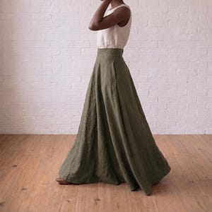 High Waisted Linen Victorian Skirt, Khaki Swing Long Flowy Skirt
