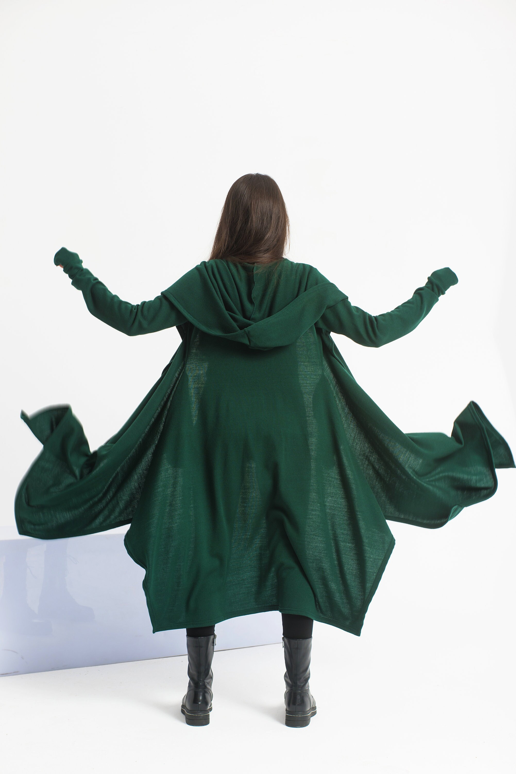 Green Witch Wool Cloak, Plus Size Wool Cape, Hooded Wizard Cloak, Long Wrap Kimono Cardigan, Knitted Cyberpunk Cardigan Coat, Techwear