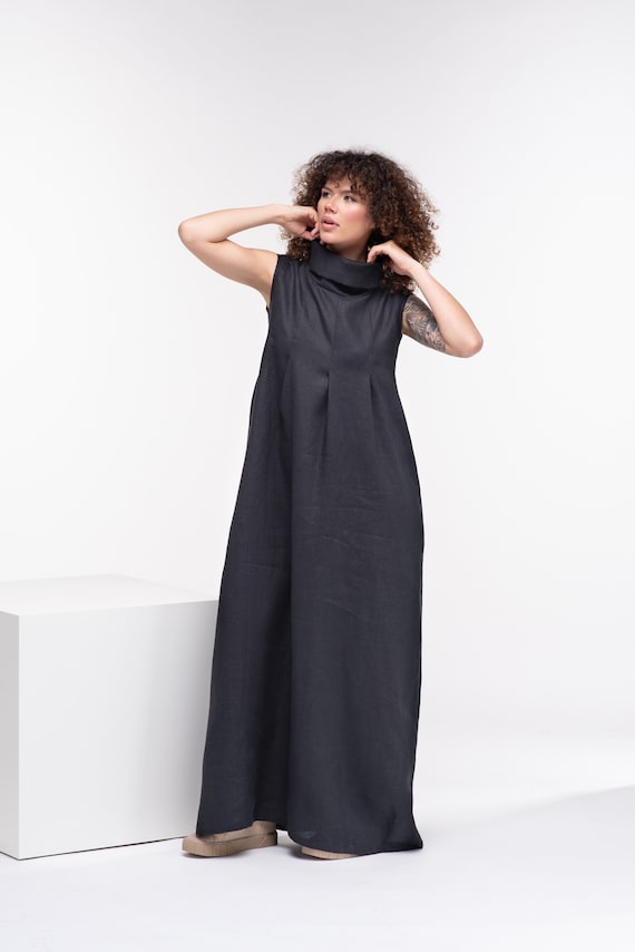 Black Linen Maxi Dress, Organic Turtleneck Style, Plus Size Clothing Black Linen Maxi Dress, Organic Turtleneck Style, Plus Size Clothing