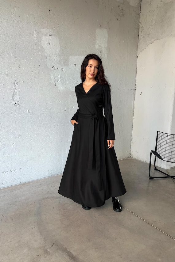 knee length dresses for ladies Long Sleeve High Slit Black Plus Size Maxi Dress main image 0