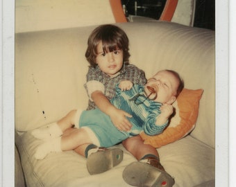 2 Vintage photos 'Pola siblings' polaroid photo snapshot, kids children baby, brothers siters,