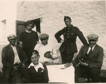 vintage photo 'Tough Folks' vernacular snapshot, group posing posed, playing card game, family picture, soldier, tableaux