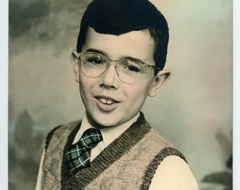 Vintage photo 'Geeky Boy' - hand tinted photographt - odd portrait, fun picture - nerdy looks