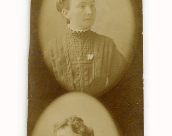 Antieke foto 'Mini Double Lady', fotostrip, twee kleine ovale portretten van een dame, in sepia