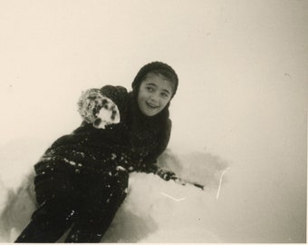 Vintage photo 'Snow Warrior' snapshot, young boy, kids children playing outdoors winter, original found photo