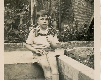 Vintage photo 'Cherry King' snapshot, young boy eating cherries, decorated with chery fruit, garden, childhood, original found photo