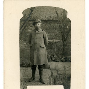 Vintage photo, &#39;Headstone Format?&#39; 1920s original real photo postcard RPPC, unusual shape form man uniform portrait