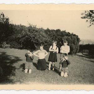 Sun in Eyes, kids children group picture, vintage bw photo, original print, found photo, funny boys girls, snapshot, modern social