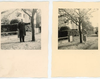 Vintage photos 'It takes two to tree' vernacular snapshot, couple posing sequence set diptych, original found, modern social