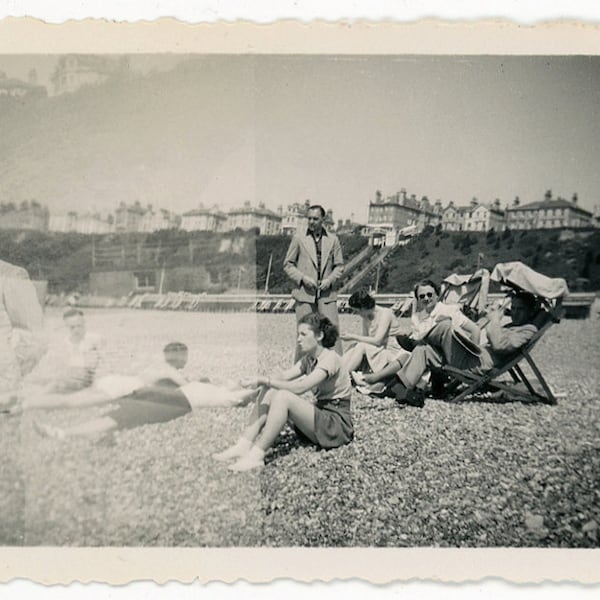 Vintage photo 'Surreal beach snap' - vernacular snapshot photograph - double exposure, summer holiday, sea shore sun men women, boy girl