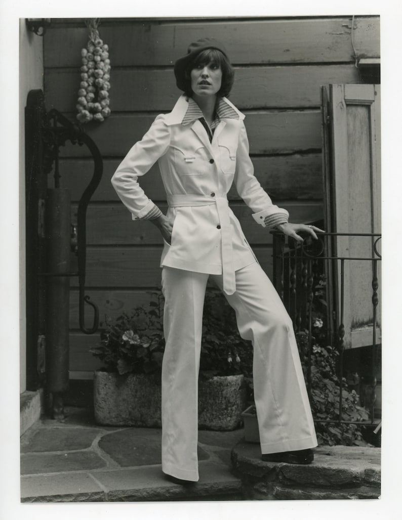 lady girl womens fashion model black and white photo 1970s vest jacket trousers ensemble Vintage fashion photo