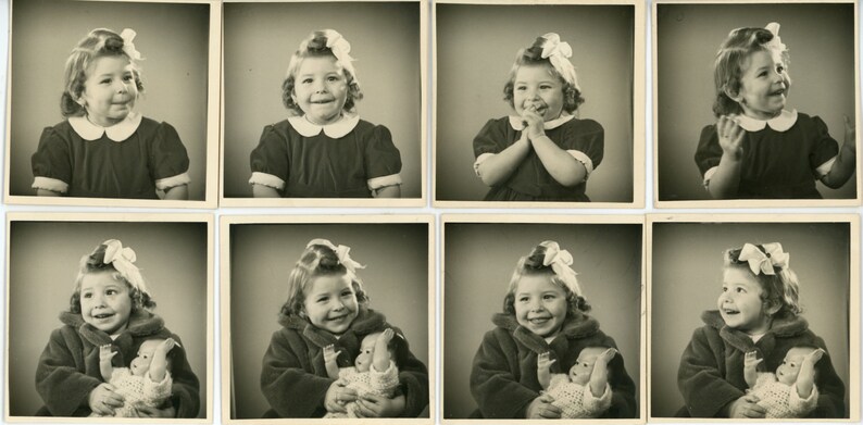 children kids doll gift joy Vintage photos /'Happy Sequence/' group of 8 pictures vernacular photography young girl