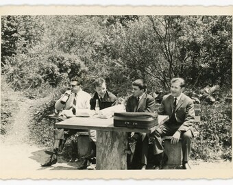 Father and sons trip - original 1950s vintage photograph- boys on a trip- suits- vernacular photography- family snapshot