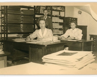 Doing the paper work - original vintage real photo postcard- RPPC- 50s office- ladies at desk- young man- paper ephemera