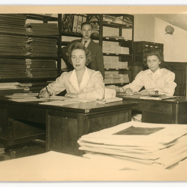 Doing the paper work - original vintage real photo postcard- RPPC- 50s office- ladies at desk- young man- paper ephemera