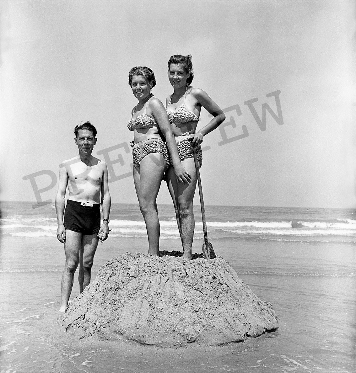 Girls on a Sand Volcano 40s Vintage Photo Instant Download image