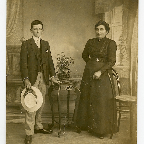 Sharp dressed French boy - 1910s original vintage photo- real photo postcard- RPPC- k ltd- hat tie- paper ephemera