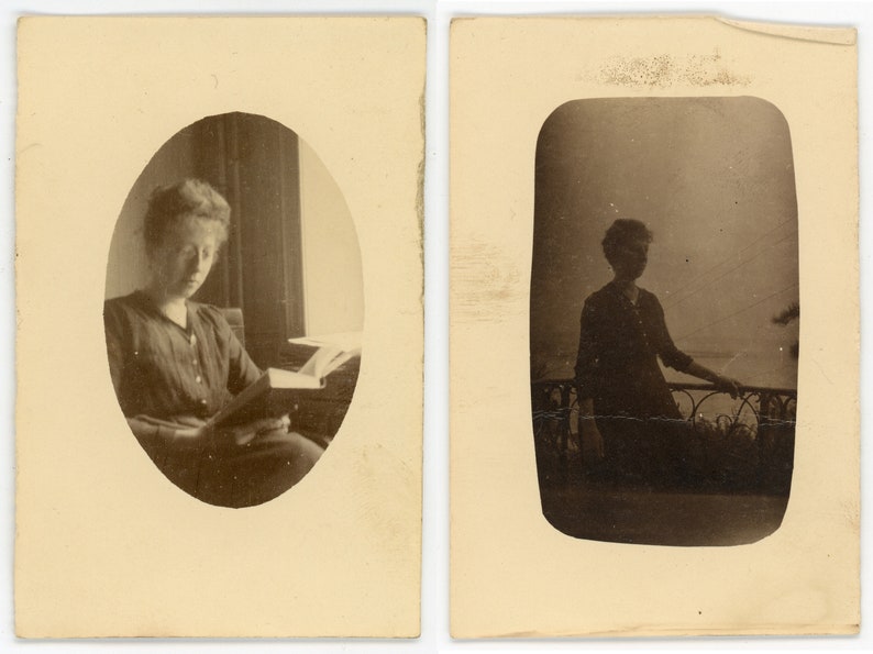 woman Antique photos /'Serene Moments/' portraits of a lady reading and at a balcony vintage photos