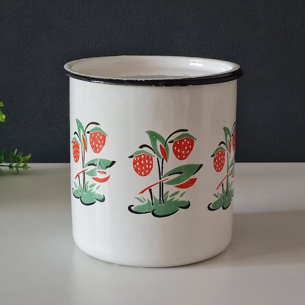 Annata sovietica, contenitore in smalto bianco con fragole, vaso di metallo, barattolo di smalto con coperchio, barattolo di smalto, contenitore di farina