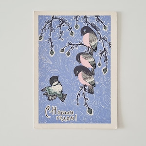 Carte postale de Noël avec des oiseaux, carte postale soviétique, bouvreuils, carte de voeux vierge URSS, carte postale de bonne année 1970