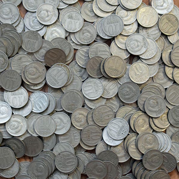 50 Identical vintage coins, Lot of 50 Soviet money, 10 kopecks, silver Soviet kopecks set