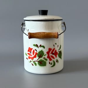 Lechera de esmalte vintage con estampado floral, artículos de esmalte vintage soviéticos, decoración de cocina rústica, cubo de esmalte