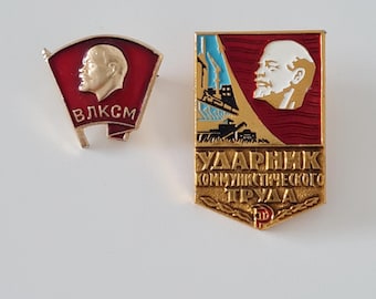Soviet Pins - Komsomol and Shock worker of communist labor Badges, Vintage USSR pins, Memorabilia, Lenin, Socialist, Communist, Cold War