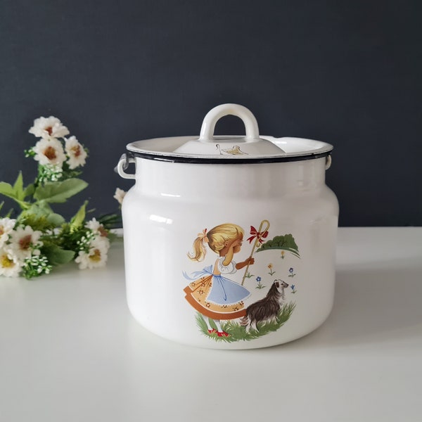 Soviet Vintage Small Enamel Milk Can With Lid USSR Enamel Pot Cottage Chic Farmhouse Decor Enamel Canister Milk Pail