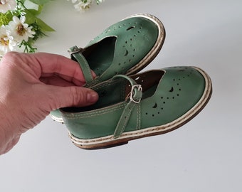 Soviet vintage leather baby sandals, kids' shoes, Soviet era, light green little shoes