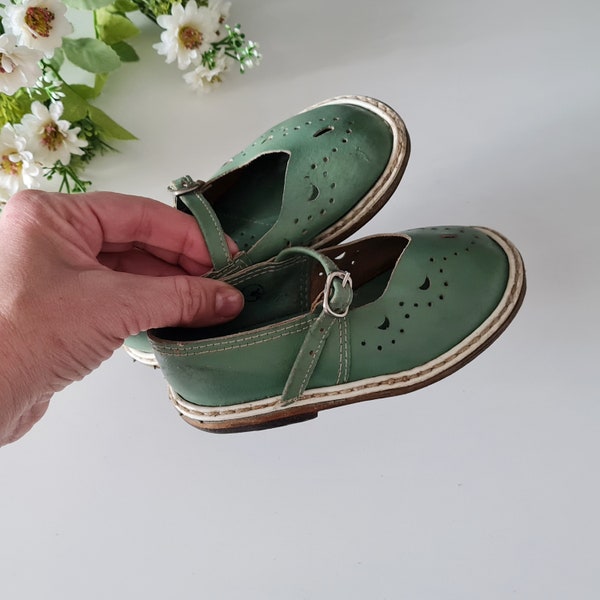 Soviet vintage leather baby sandals, kids' shoes, Soviet era, light green little shoes