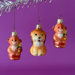 Vintage glass Christmas ornaments, Set of 3 Christmas figurines, Cute animals, New Year decor 2000s