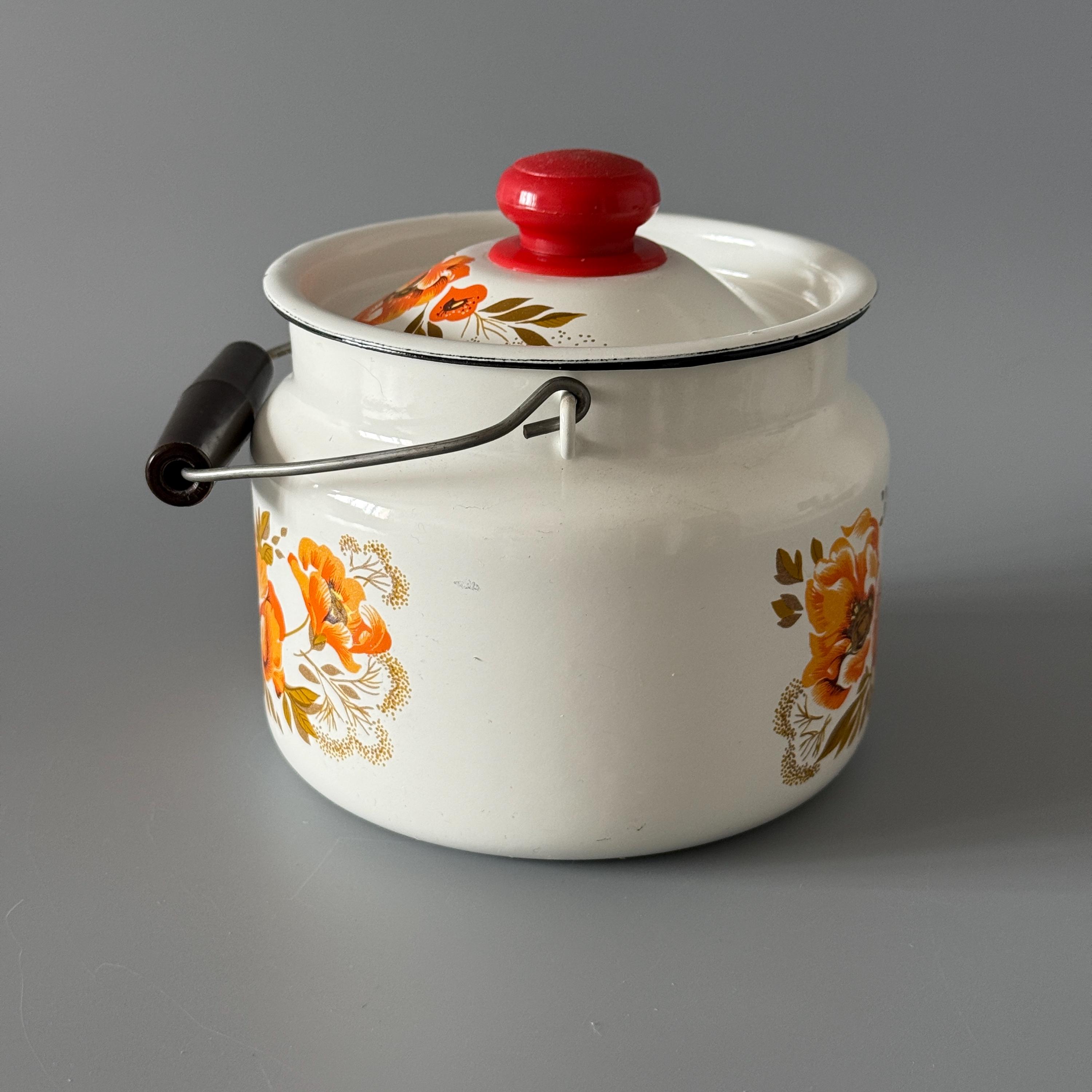 Vintage Enamel Milk Can With Lid - Small White Pot With Orange
