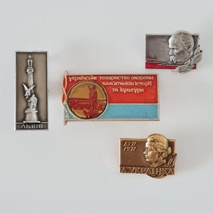 Vintage Soviet Enamel Pins Set, USSR Ukrainian Collectible Badges, Lviv, Lesya Ukrainka, Taras Shevchenko, Retro Historical Memorabilia