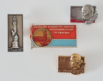 Vintage sovjetiska emaljnålar, set med sovjetiska ukrainska samlarmärken, Lviv, Lesya Ukrainka, Taras Shevchenko, retro historiska memorabilia