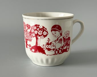 Ceramic cup in Ukrainian folk style. Soviet vintage mug. Ukrainian cup. Retro teacup. Vintage table serving. Mug with funny drawing
