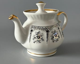 Vintage ukrainsk porslinsteknikkanna Vit blommig tekanna med gulddetaljer Sovjetisk retro köksinredning ukrainsk vintage