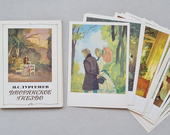 Turgenev, Set of art postcards, illustrations for the work Дворянское гнездо, Soviet vintage, Russian literature