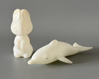 Pair of Soviet vintage plastic toys from the 1970s, small white toys, hare and dolphin