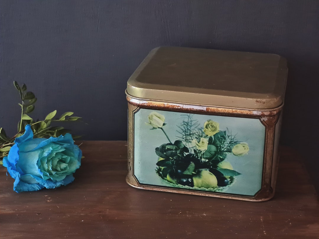 Vintage Metal Storage Box in Blue Color With White Roses Etsy