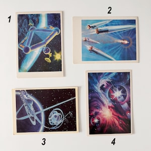Soviet vintage space postcards, artistic depiction of space, fantasy, space drawings, cosmos card set