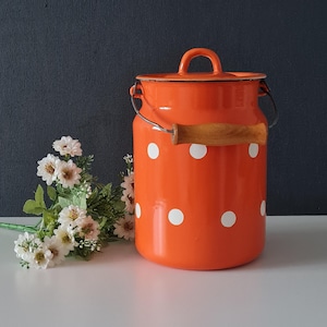 Vintage enamel Milk Can, Enamel bucket, Milk pail, Rustic garden decor, Farmhouse decor, Polka dot