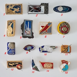 Pines esmaltados soviéticos vintage del programa espacial – Décadas de 1960-1970. Insignias de cosmonautas y del programa espacial de la URSS.