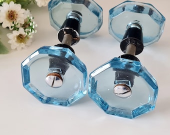 Vintage Blue Glass Door Handle Pair: USSR Knobs, Back-to-Back Pull