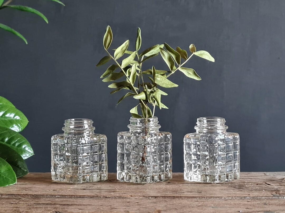 Small Vintage Glass Jars for Decor, Cut Glass, Set of 3 Mini Bottles