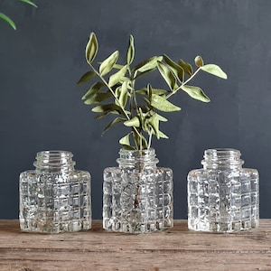 Small vintage glass jars for decor, cut glass, Set of 3 mini bottles, miniature vase